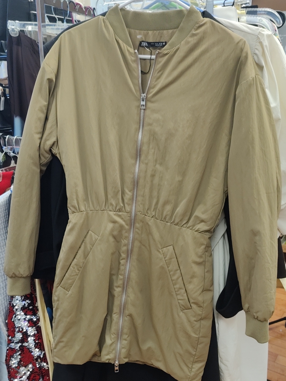 Zara Tan Lightweight Long Bomber Jacket